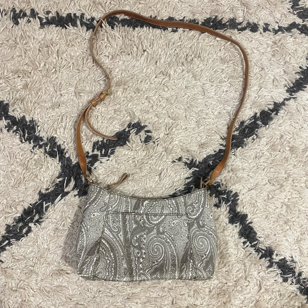 Etro Silver Paisley Crossbody Bag with Brown Leather Strap